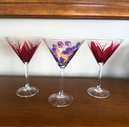3 Gorgeous Hand-Painted Martini-Cosmopolitan-Lemon Drop Glasses