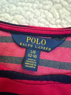 Polo Ralph Lauren Girls Size L 12-14 Striped Fit Flare Dress Pink Navy 3/4 Sleev