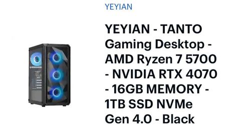 YEYIAN Tanto Gaming PC – Ryzen 7 5700 | RTX 4070 | 16GB RAM | 1TB SSD