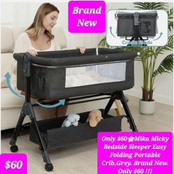 $60🌸Bedside Sleeper By Mika Micky  Easy Folding Portable Crib, Grey. Brand New. Only $60 !!!