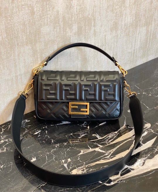 FENDI Baguette FF Motif Embossed Black Nappa Leather 2 Way Bag & Strap