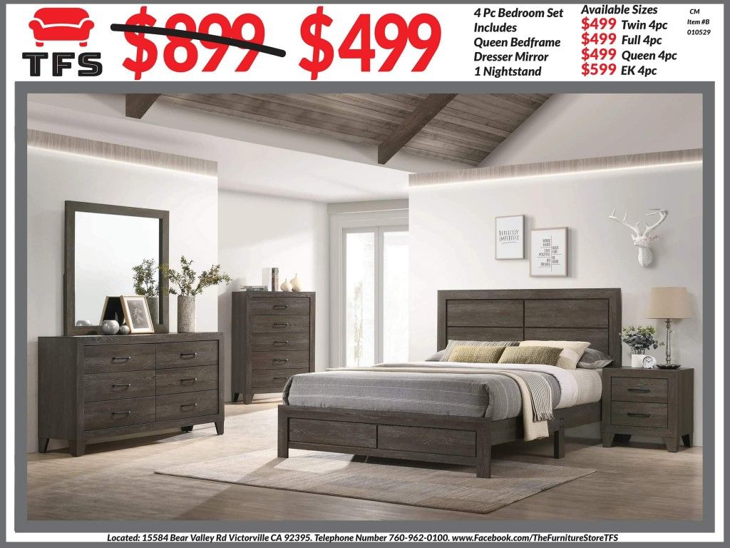 4pc Bedroom Set $499 Queen $599 Eastern King Includes Bedframe (No Boxspring Required) Dresser mirror nightstand Rustic Brown Bedroom Set