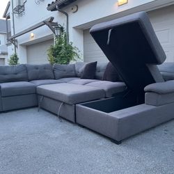 NEW IN BOX - Gray Sectional Couch Sectional Sofa w/ Pull-Out Bed + Storage Chaise – FREE DELIVERY
