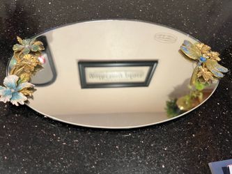 VTG Bella Lux Elegant Vanity Oval Mirror Tray Dragonfly/ Floral Enamel Embellishments 13x8.5”