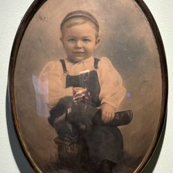 Antique Bubble Glass Metal Frame Portrait Photo of Young Boy