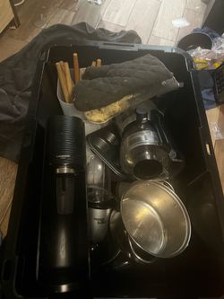 box of miscellaneous, dishware, and cooking utensil