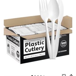1000 Count White Silverware Set, 334 Plastic Forks, 333 Spoons, 333 Knives, Medium Weight BPA Free Disposable Plastic Cutlery Set, Bulk Combo Pack Fla