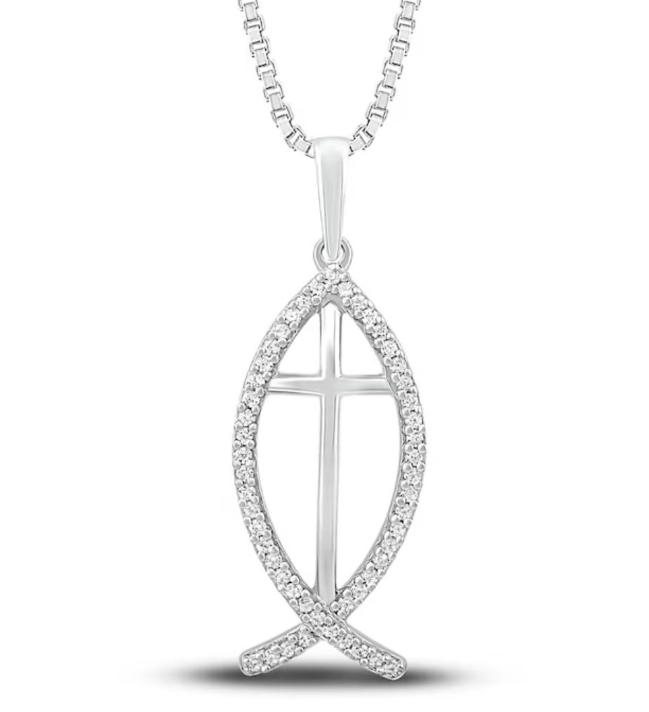 NEW! Diamond Ichthys Necklace 1/10 ct tw Round cut Sterling Silver 18