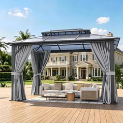 Brand new in box 10'x12' Hardtop Gazebo Outdoor Permanent Gazebo with Double Polycarbonate Roof Canopy, Aluminum Frame Permanent Pavilion with Curtain