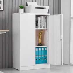 42” H White Metal Storage Cabinet With Locking Doors And Adjustable Shelf, Filing Storage Cabin [NEW] **Assembly Req** 
