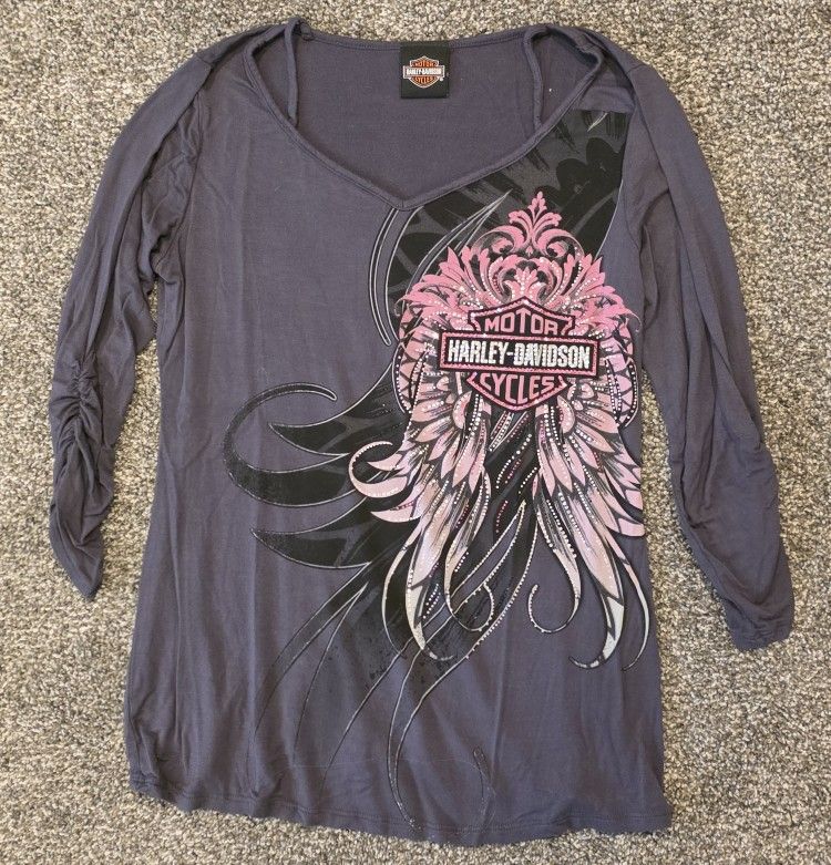 Harley-Davidson Gray Long Sleeve Rhinestoned Top