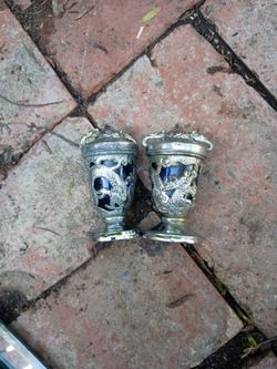 Vintage Blue Glass Silver plate Salt & Pepper Shaker Set