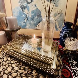 Set Of 2 Mirror Gold Filigreed Perfume Vanity Trays 