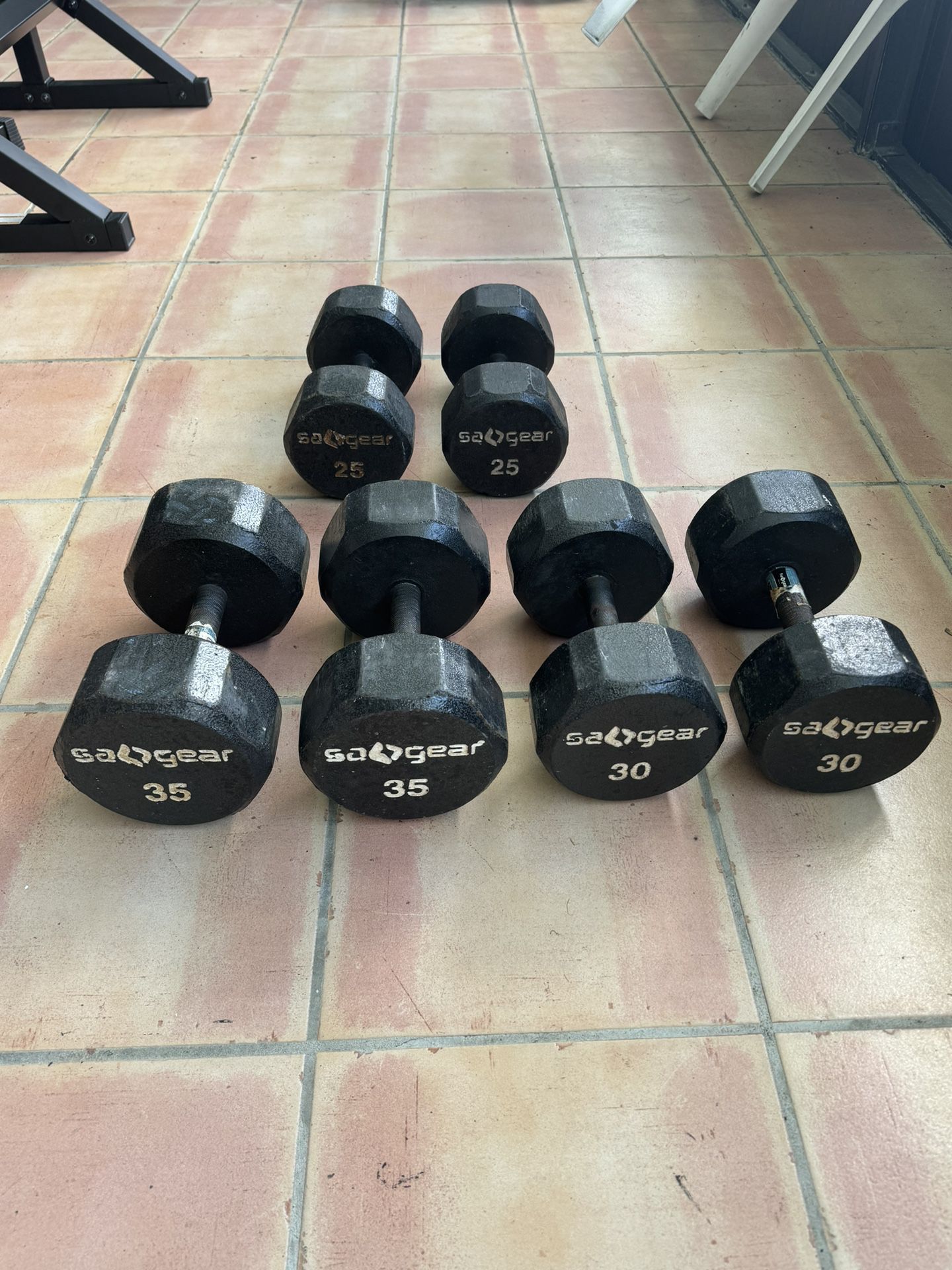 Three Sets of dumbells. 25lbs, 30lbs and 35lbs. 