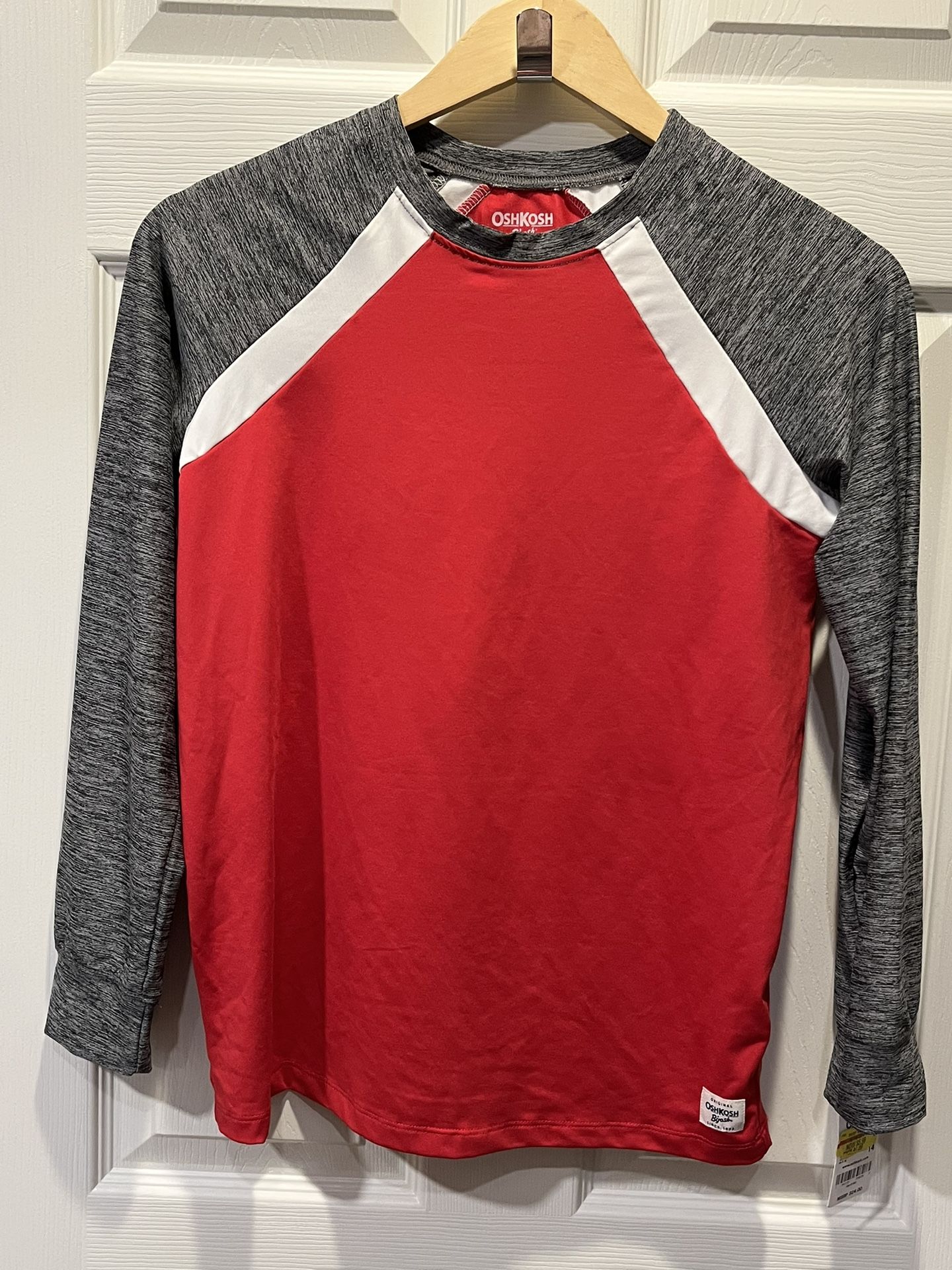Oshkosh B’gosh Big Kids Red, Gray and White Quick Drying Long Sleeve Tee (Size: 14)