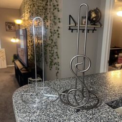 2 Kitchen Counter Home Storage Paper Towel Holders - Brown Wrought Iron & Silver Chrome