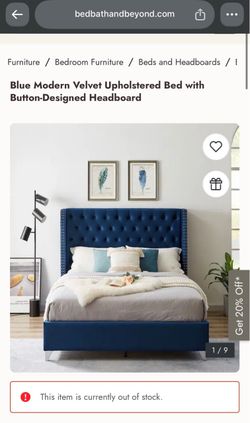 Blue Modern Velvet Bed Frame with Side Tables