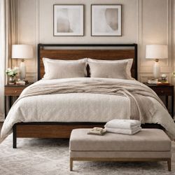 King bed Metal Platform Bed Frame with Wooden Headboard and Footboard, Mattress Foundation, No Box Spring Needed, Large Under Bed Storage, Non-Slip Wi