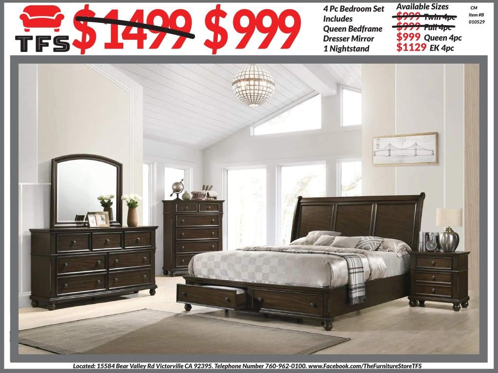 4pc Bedroom Set $999 Queen $1129 Eastern King Includes bedframe (No Boxspring Required) Dresser mirror nightstand Brown Bedroom Set