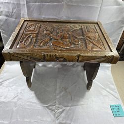 Hand-Carved Wooden Low Table / Stool with Mayan Aztec Relief Carvings