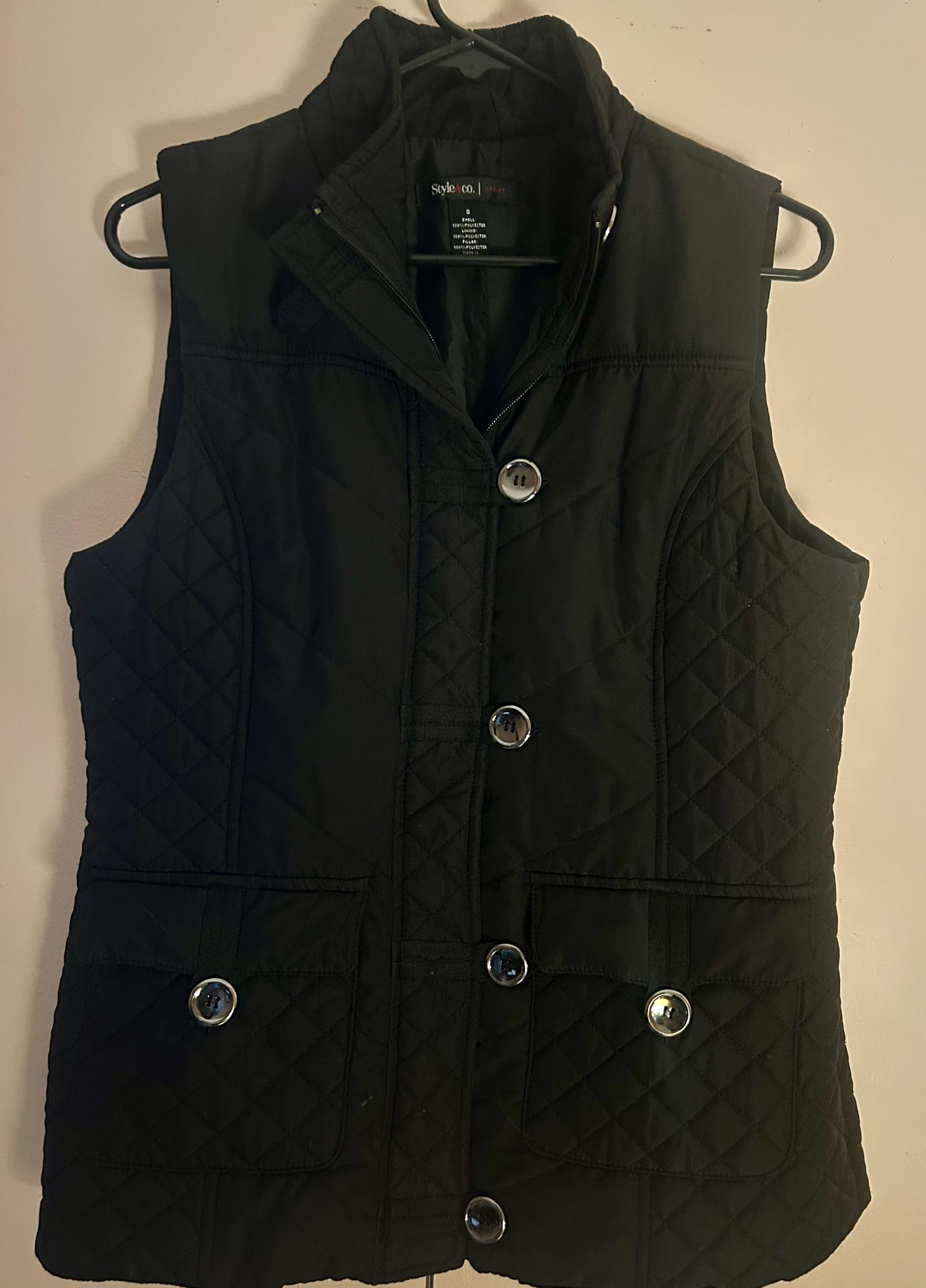 Style & Co Womens Vest Black Quilted Pockets Full Zip Button Size Small 