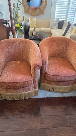 Pair of Barrel Accent Chairs with Fringe