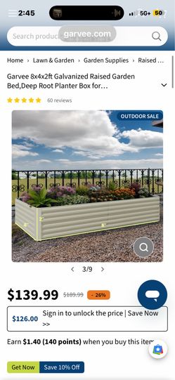 Garvee 8x4x2ft Galvanized Raised Garden Bed, Deep Root Planter Box