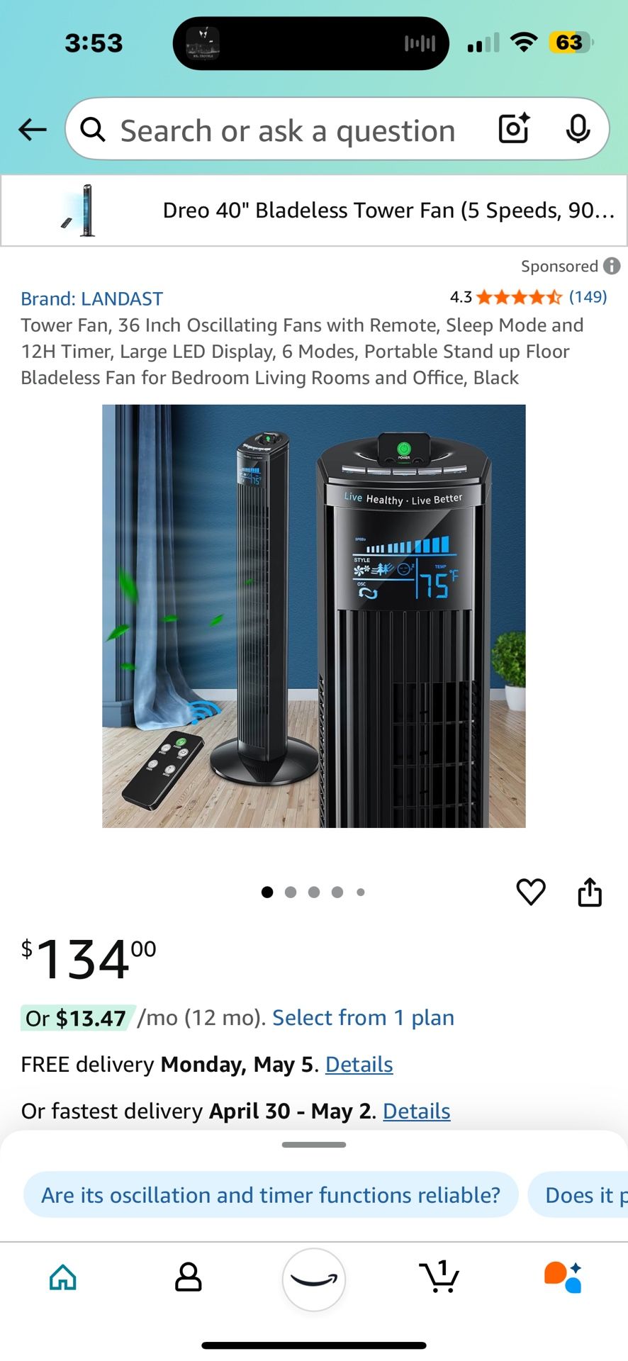Tower Fan, 36 Inch Oscillating Fans with Remote, Sleep Mode and 12H Timer,