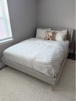 Queen Upholstered Bed Frame, Beige, Excellent Condition