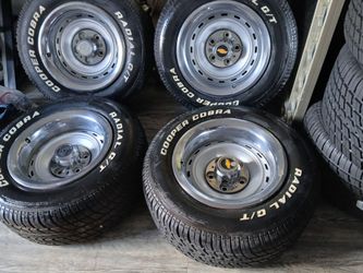 Set/4 Chevy 15x8 C10 Silverado Rally Rims Wheels Truck Square Body OEM OBS 5x5 5lug Wrapped in Cooper Cobra Radial GT Tires
$1000 cash only