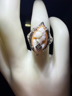 Vintage 1800’s hand carved Cameo Ring with Diamond Accent