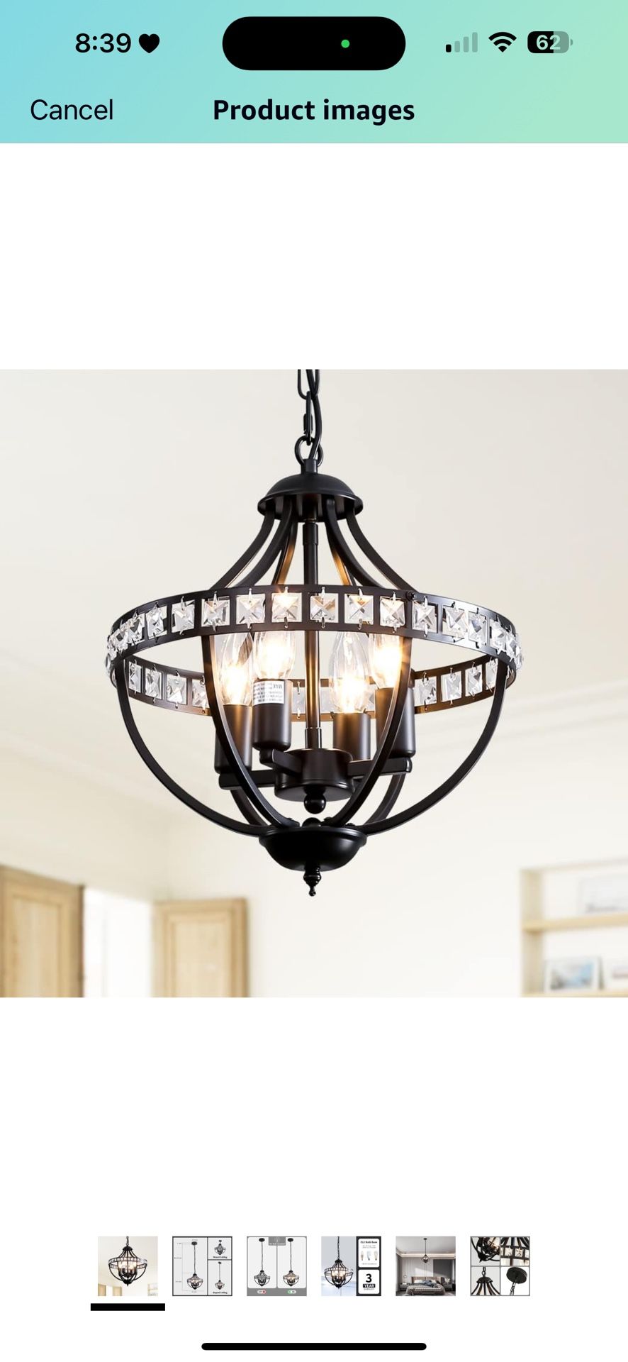 Crystal Chandelier Light Fixtures, 4-Lights Farmhouse Rustic Vintage Black Pendant Hanging Lighting Ceiling Chandeliers for Kitchen Island Dining Room