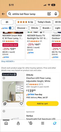 OttLite ClearSun LED Floor Lamp, Adjustable Height, White
