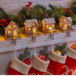 4Pack Christmas Stocking Holders for Mantle, Set of 4 Christmas Mantle Wood Room Stocking Hangers with Lights, Weighted Christmas Different Room Stock