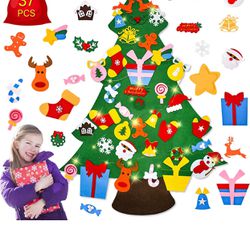 Christmas Decorations Gifts,3.7 FT Tall DIY Felt Christmas Tree Set with 37 Crafts Ornaments&10FT LED String Lights, Indoor Wall Hanging Christmas Dec
