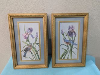Vintage 1980s Kay Lamb Shannon Blue Bird & Iris Flower Framed Lithograph 11”x7 Signed