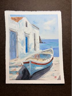 Boat in Greece- 8x10 Original Watercolor Painting