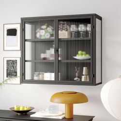 Newly Assembled Bathroom Retro Style Haze Double Glass Door Wall Cabinet with Detachable Shelves