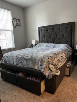 Queen Bed Frame and Headboard with Storage
