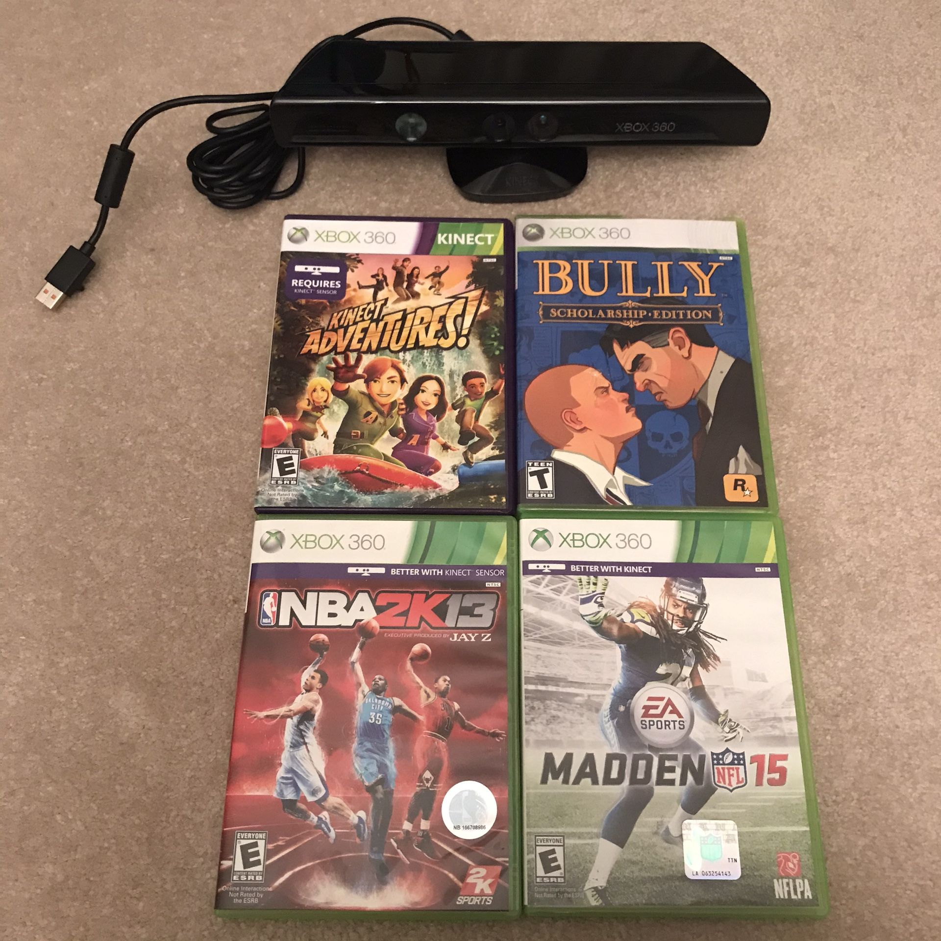 Xbox 360 kinect bar with 4 video games lot madden nba bully clean works