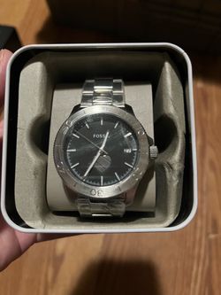 Fossil PR-5432 43mm Black Dial Rotating Bezel Date Watch silver tone mens