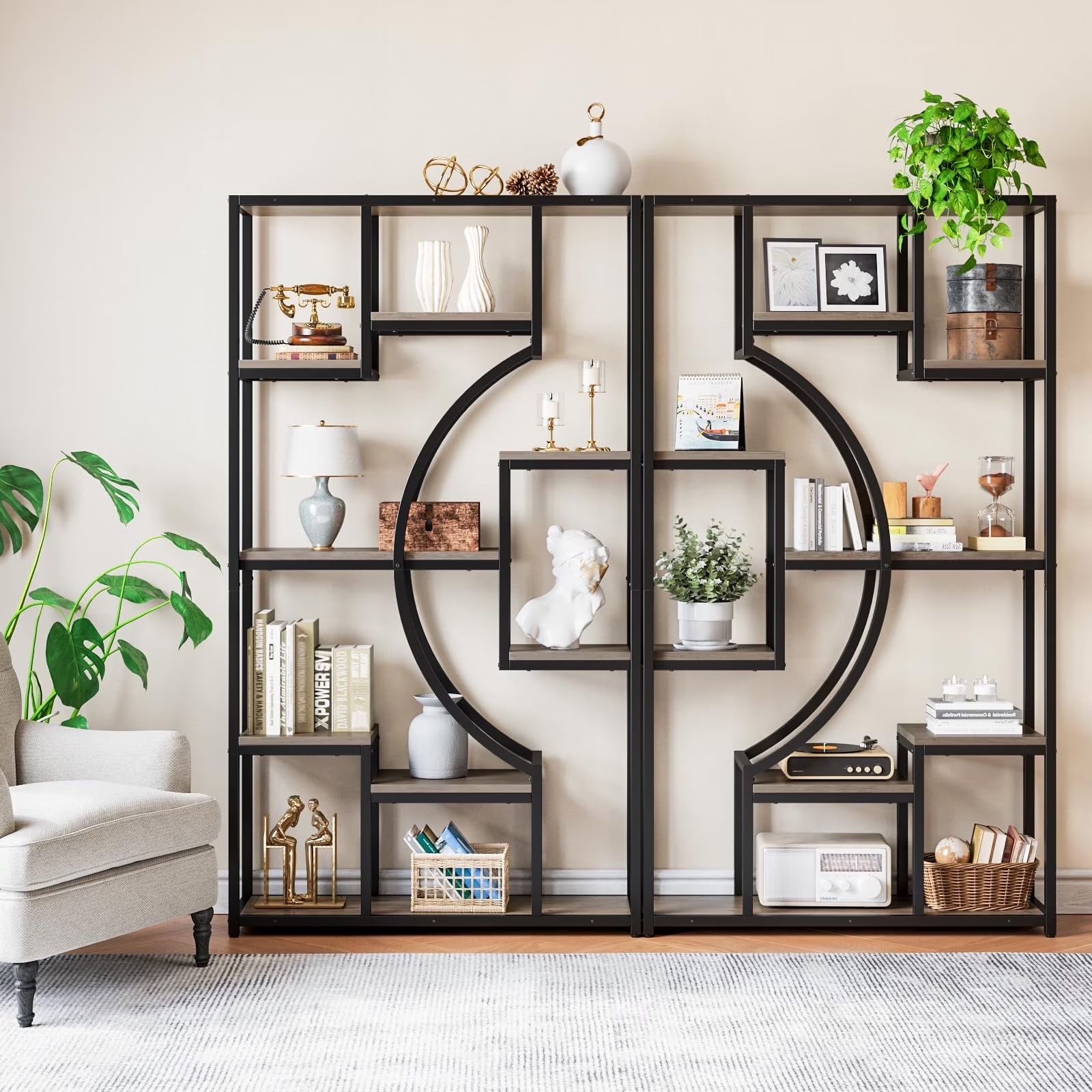 LGHM Bookshelf Set of 2, 70" H Tall Bookcase with 9 Open Display Storage Shelves for Living Room Home & Office, Gray