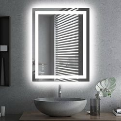 LED Bathroom Mirror 28"x 36" with Front and Backlight, Stepless Dimmable Wall Mirrors with Anti-Fog, Shatter-Proof, Memory, 3 Colors, Double LED Vanit