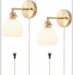 Set of 2 Gold Plug-in Wall Sconces with Glass Shades
