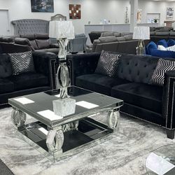 Black Velvet upholstered Sofa Set w/Shiny, chrome nailhead highlighting greek inspired arms