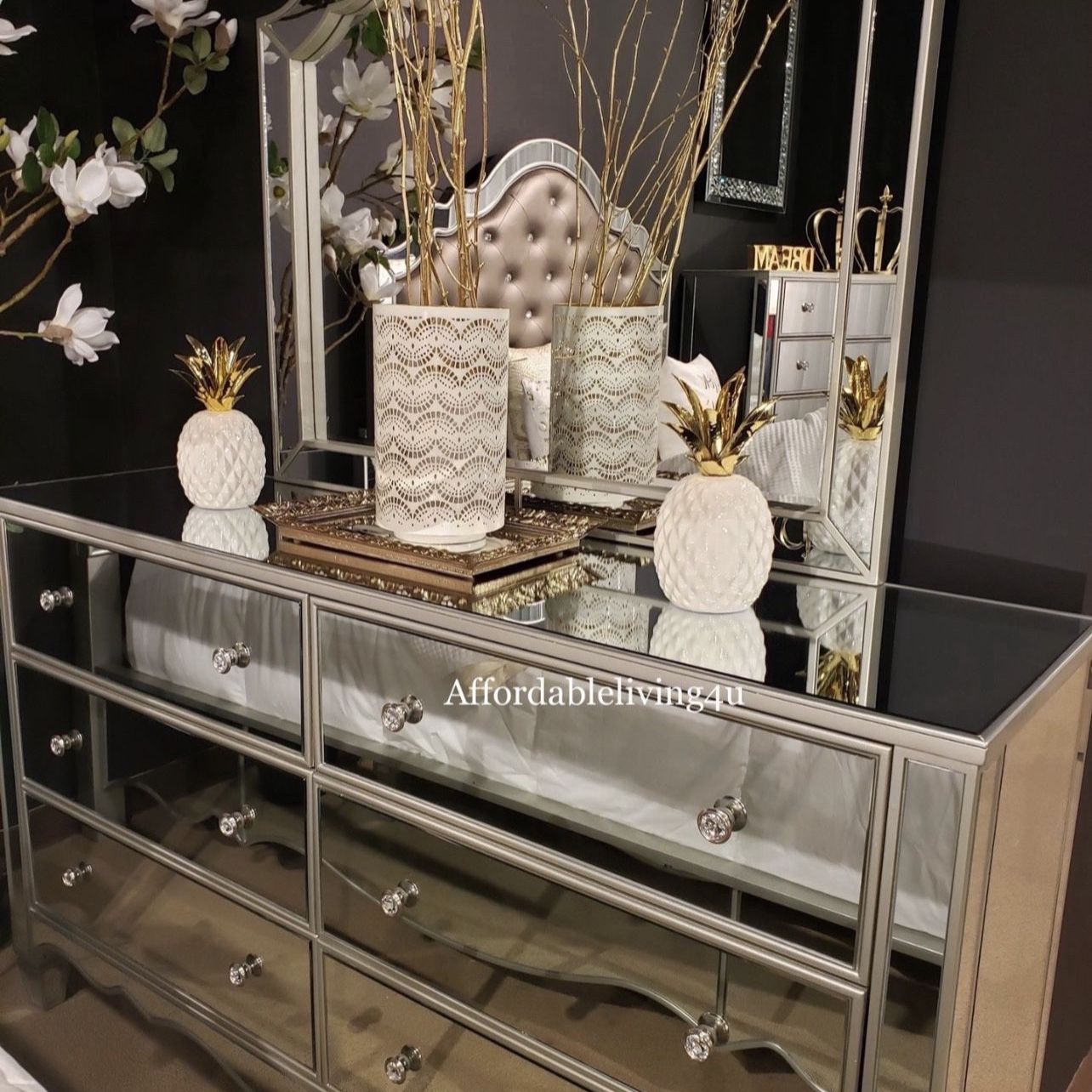 silver dresser with crystal knobs Rea Tall Dresser Chest, 5 Drawers With Crystal Knobs, Gray Velvet Upholstery