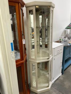 New Assembled Curio 70" Lighted Wooden Corner Cabinet Mirror Corner Glass Display Cabinet