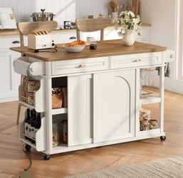 47.3" Kitchen Island on Wheels with Storage and Drop Leaf, Movable Kitchen Island w/Outlet & Hidden Support Legs, Rolling Kitchen Carts with Wine Glas