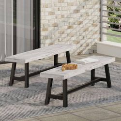Set of 2 - 74” Outdoor Patio Acacia Wood & Metal Benches ( Sandblasted Light Gray) [NEW] **Assembly Req