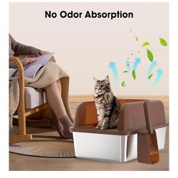 REDIAMS XL Stainless Steel Cat Litter Box for Big Cats,Extra Large Metal Litter Box with High Sides Lid/Cover, Enclosed